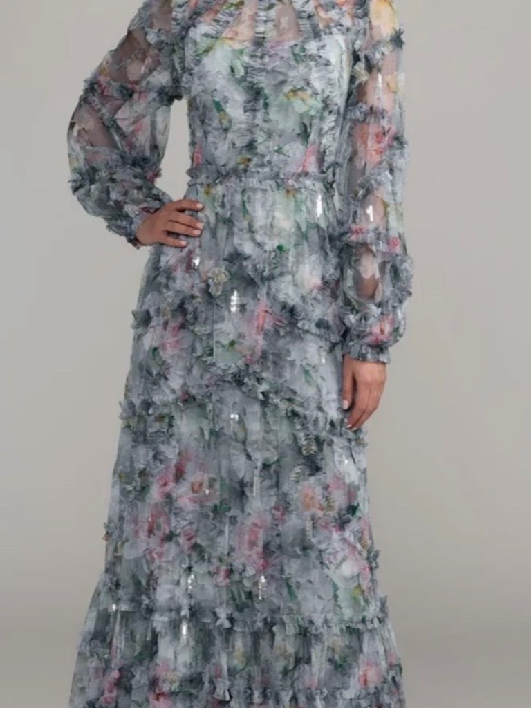 Mac Duggal Long Sleeve Blue Floral Ruffle Maxi Dress 8098